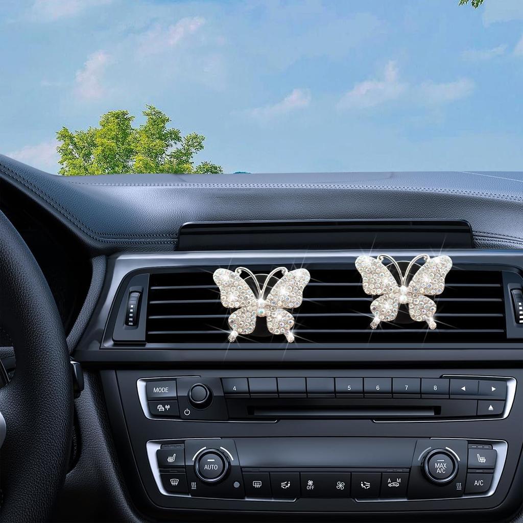 2PCS Bling Butterfly Car Freshener Air Vent Clips, Sparkling Crystal Rhinestone Auto Diffuser Clamps, Full Diamond Vehicle Interior Decoration Charm