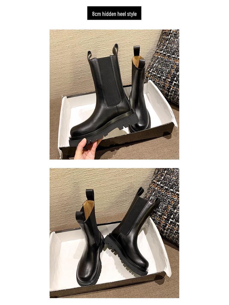 Mona Height-Boosting Women's Mid-Calf Chelsea Boots - British Style, Thick-Soled, Plus Velvet