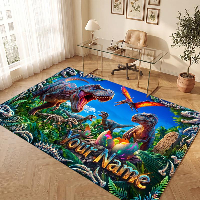 Dinosaur Theme Soft Crystal Velvet Rug Custom Name & Text Print Non Slip Floor Rug for Bedroom Living Room
