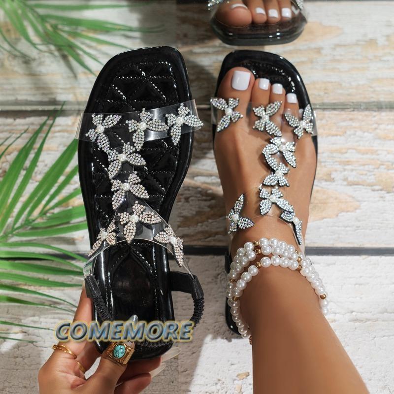 2024 Новые женские босоножки с прозрачной бабочкой и туфлями для женщин с квадратным носком на плоской подошве, роскошные модные элегантные сандалии для женщин