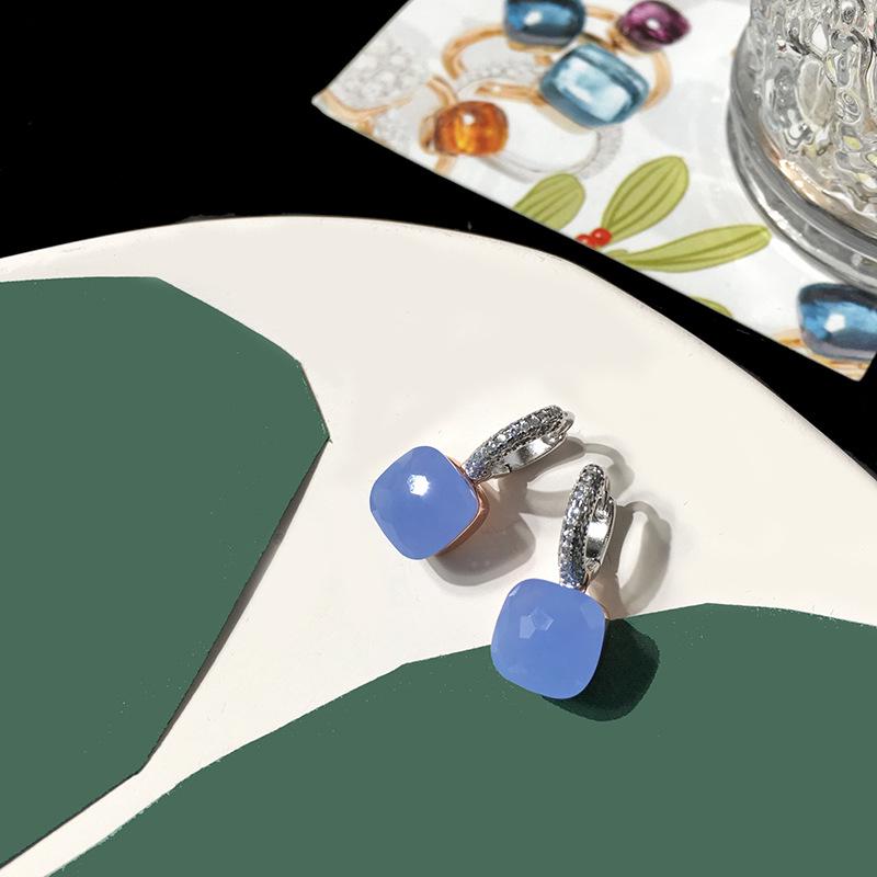 Серьги-пусеты из серебра S925 в стиле знаменитостей – Грибовидная головка с бриллиантовой инкрустацией и квадратным камнем конфетного цвета