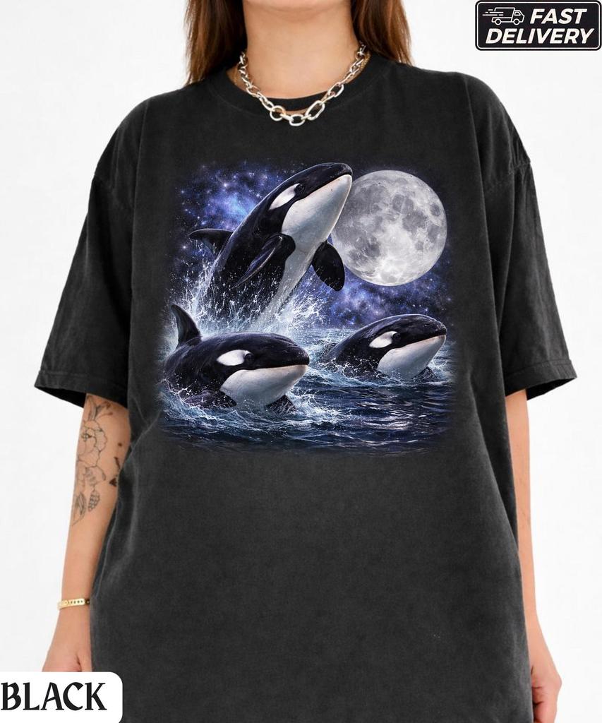 Three Orca Retro Graphic T-Shirt,Moonlight Ocean Tee,90s Marine Life Top,Orca Lovers,90s Ocean Wildlife Shirt,Orca Gift