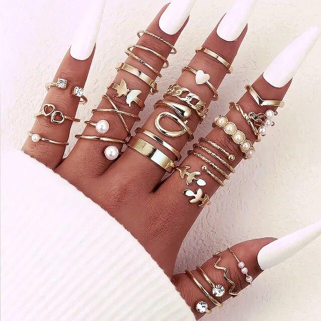 Максимум 27 шт., винтажный комплект колец с сердцем, змеей и бабочкой для женщин, металлический позолоченный геометрический полый палец, кольцо, ювелирное изделие, подарок, новый