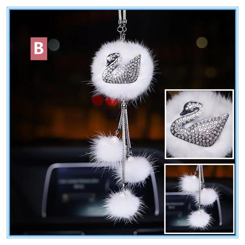 Автомобильный кулон, модный, алмазный, хрустальный, меховой шар, лебедь, элемент декора, автомобильное зеркало заднего вида, подвесные украшения для автомобиля, аксессуары