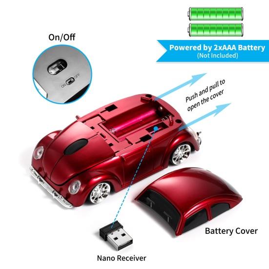 Cartoon Mini Car Wireless Mouse Ergonomics Cozy Grip 1000 DPI Plug-Play Mute Optical Mouse Battery Powered Laptop Tablet Mouse Computer Accessories