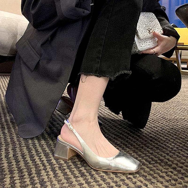 Sheepskin Bag Head Sandals Women's Outer Wear Square Head Temperament Medium High Heel Rear Empty Bag Head Light Mouth Thick Heel Single Shoes