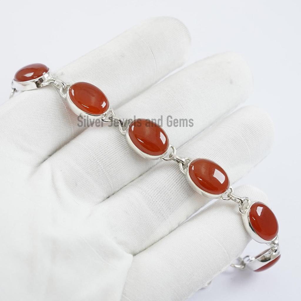 Handmade Oval Carnelian Bracelet, 925 Sterling Silver Red Gemstone Bracelet