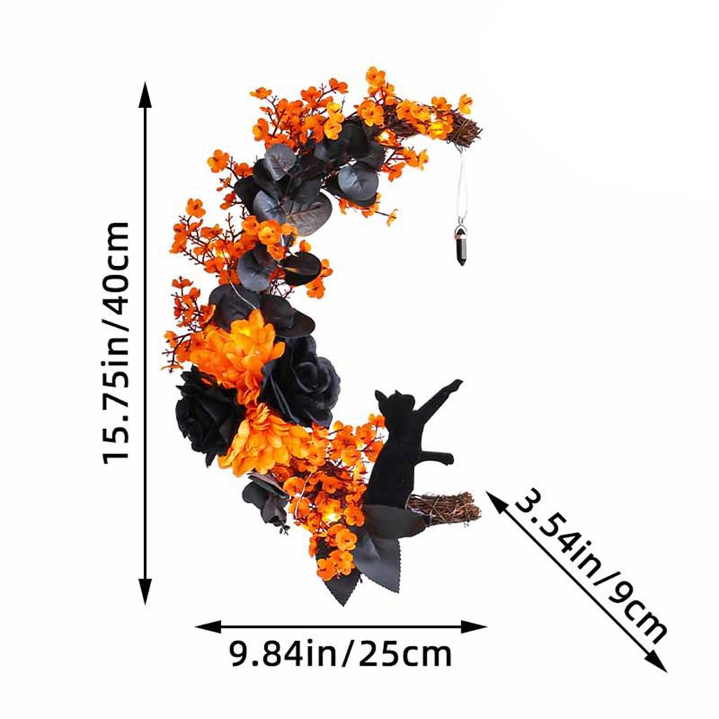 Хэллоуин Лунный венок с черным котом Деревянный венок Хэллоуин Венок Ужасы Украшения для дома Вечеринка Окно Стена Крытый