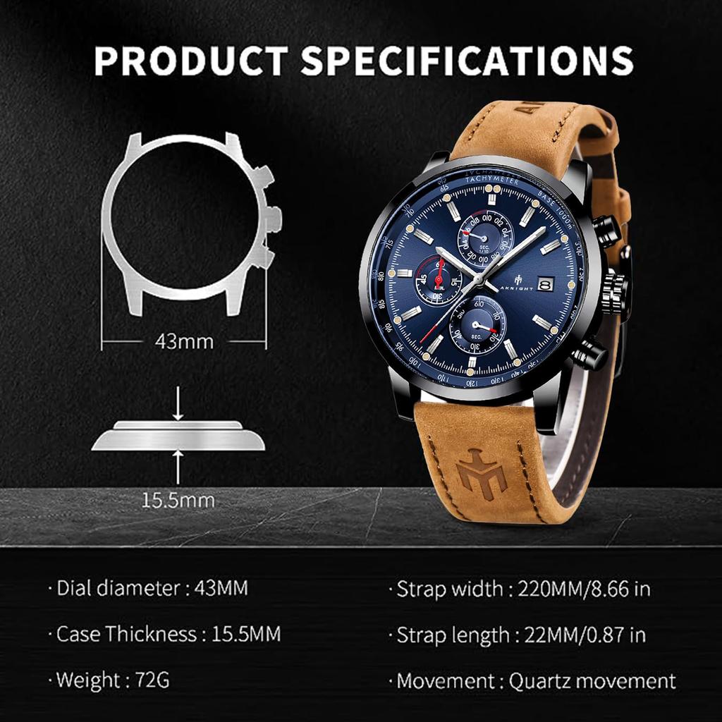 AKNIGHT Натуральная кожа Легко для ношения на руке Мужские часы для японского руководства по эксплуатации Мужские часы, модные, популярные, кварцевые, ремешок, хронограф, кристалл, см.