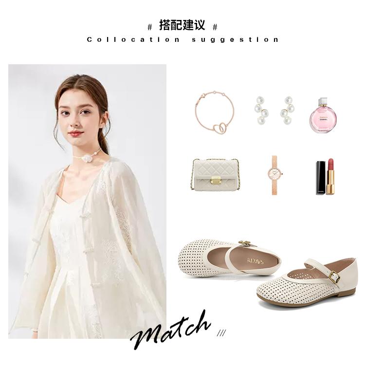 Cowhide Chinese Style Hollowed Out Belt Buckle Fishing Net Soft Sole Mary Jane Shoes