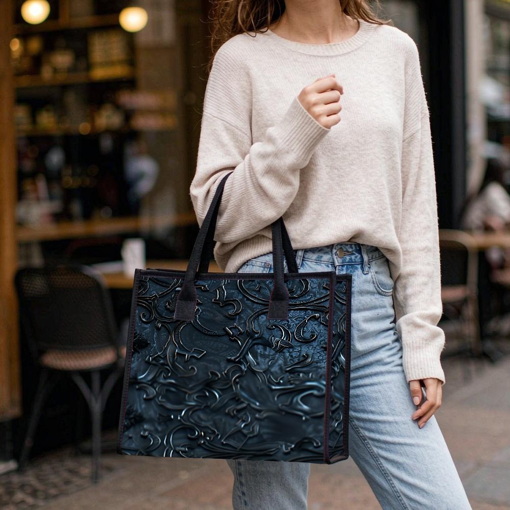 Elegant Dark Embossed Tote Bag for Women Fashion Casual Large Capacity Outdoor Daily Shoulder Handbag