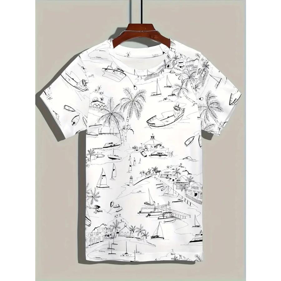 Повседневная футболка с круглым вырезом и художественным принтом, мужские топы из полиэстера с полосатым узором, модная одежда обычного кроя