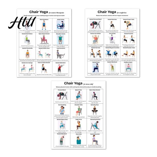 Office Worker Exercises 3Pcs Chair Yoga Poster Set for Seniors Low Impact Stretching Exercise Beginner to Advanced Chart Elderly Seated Morning