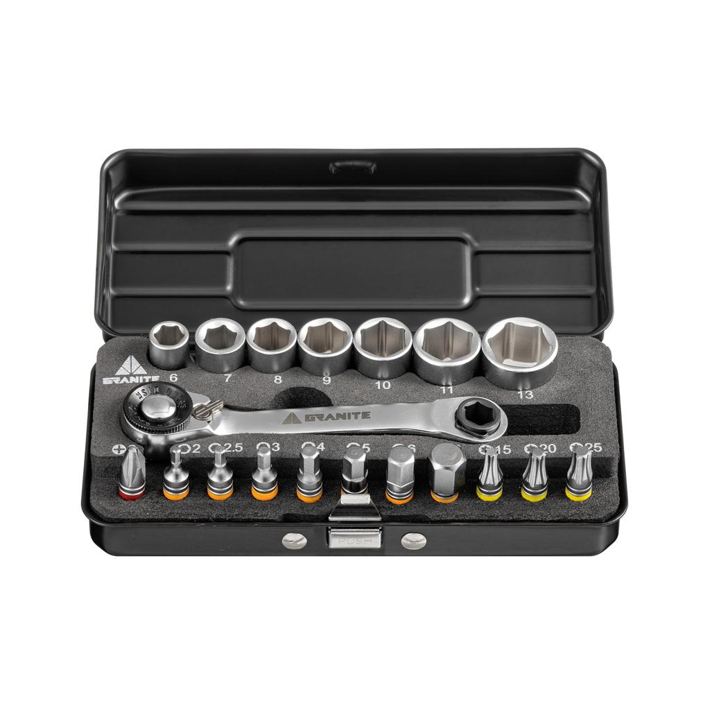 Granite Duet Hex Bit Socket Ratchet Tool Kit Includes Hex Bit and Hex Socket Ratchet Extension 7 Hex and 11 Precision Tool Bits & - Dual-Head Wrench,