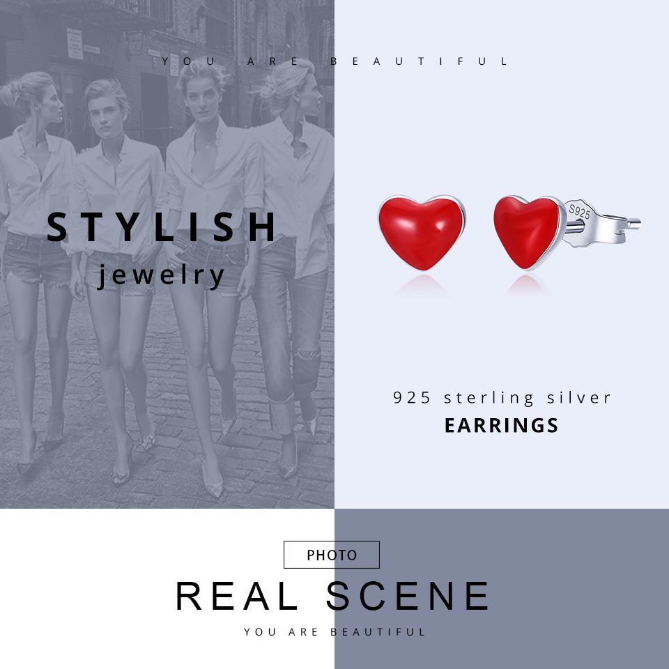 Серьги-гвоздики BAMOER из стерлингового серебра 925 пробы с красным сердцем, маленькие серьги в стиле романтической любви для женщин