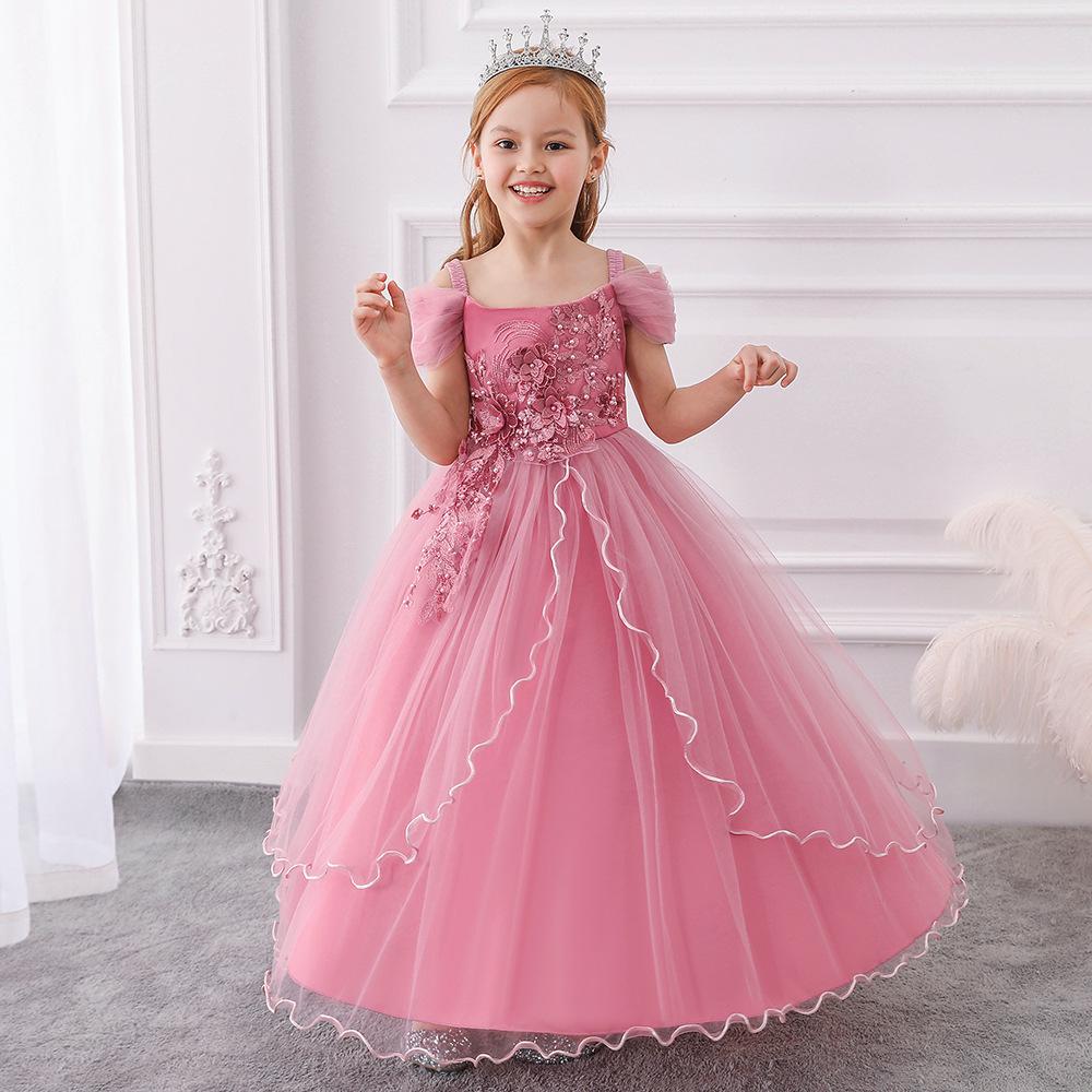 European and American Kids' One-Shoulder Princess Evening Dress for Flower Girls & Piano Performances