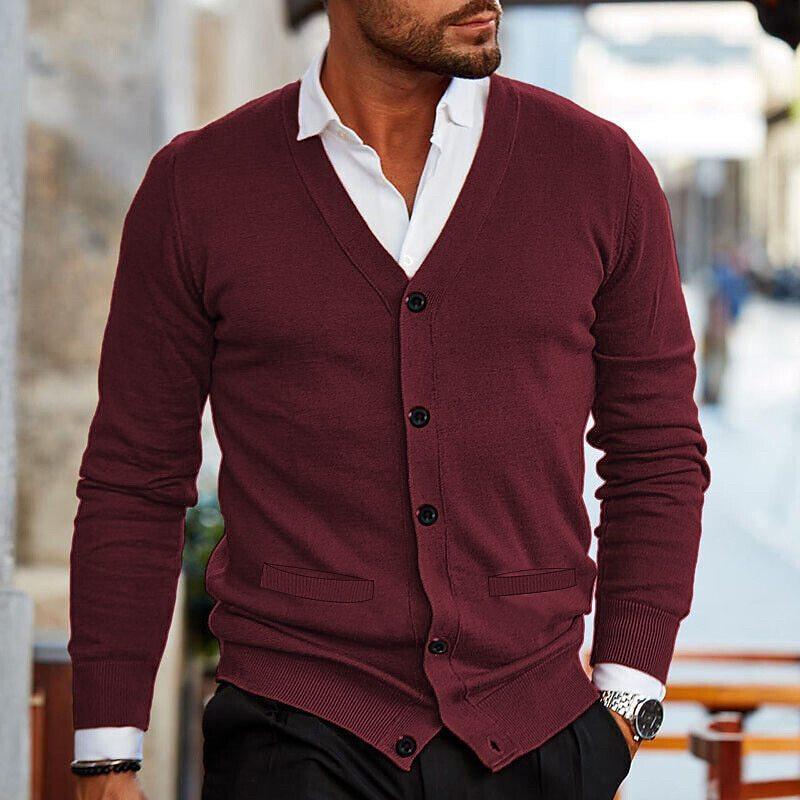 Men Solid V Neck Cardigan Knitted Jumper Long Sleeve Button Up Warm Sweater Tops