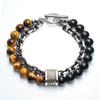 New  Black White Stone Men's Bracelets Double Chain Link Stainless Steel Beaded Bracelets Bangle Male Jewelry