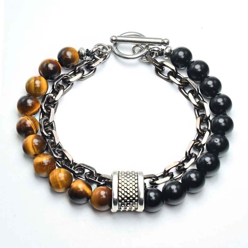 New Black White Stone Men's Bracelets Double Chain Link Stainless Steel Beaded Bracelets Bangle Male Jewelry