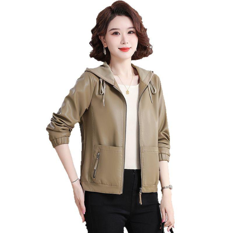 Весна/Осень 2025 Женское короткое пальто из ПУ кожи с капюшоном - Стильная куртка на молнии для молодых мам.