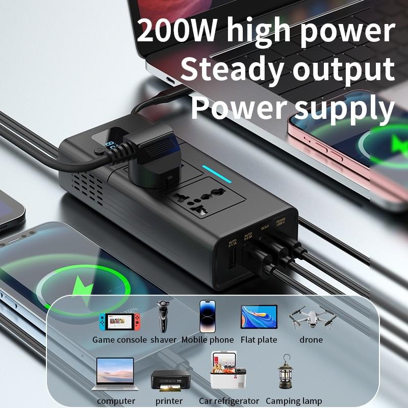 Автомобильный инвертор 200 Вт 12 В на 220-240 В с USB-C, USB-A, QC3.0, PD, цифровым дисплеем, универсальной розеткой AC, быстрой зарядкой