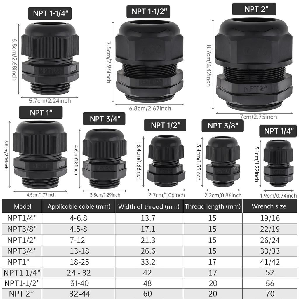 Нейлоновый кабельный ввод 1/4-2 дюйма NPT IP68 Водонепроницаемый Огнестойкий Снятие натяжения Сверхпрочный Надежное уплотнение