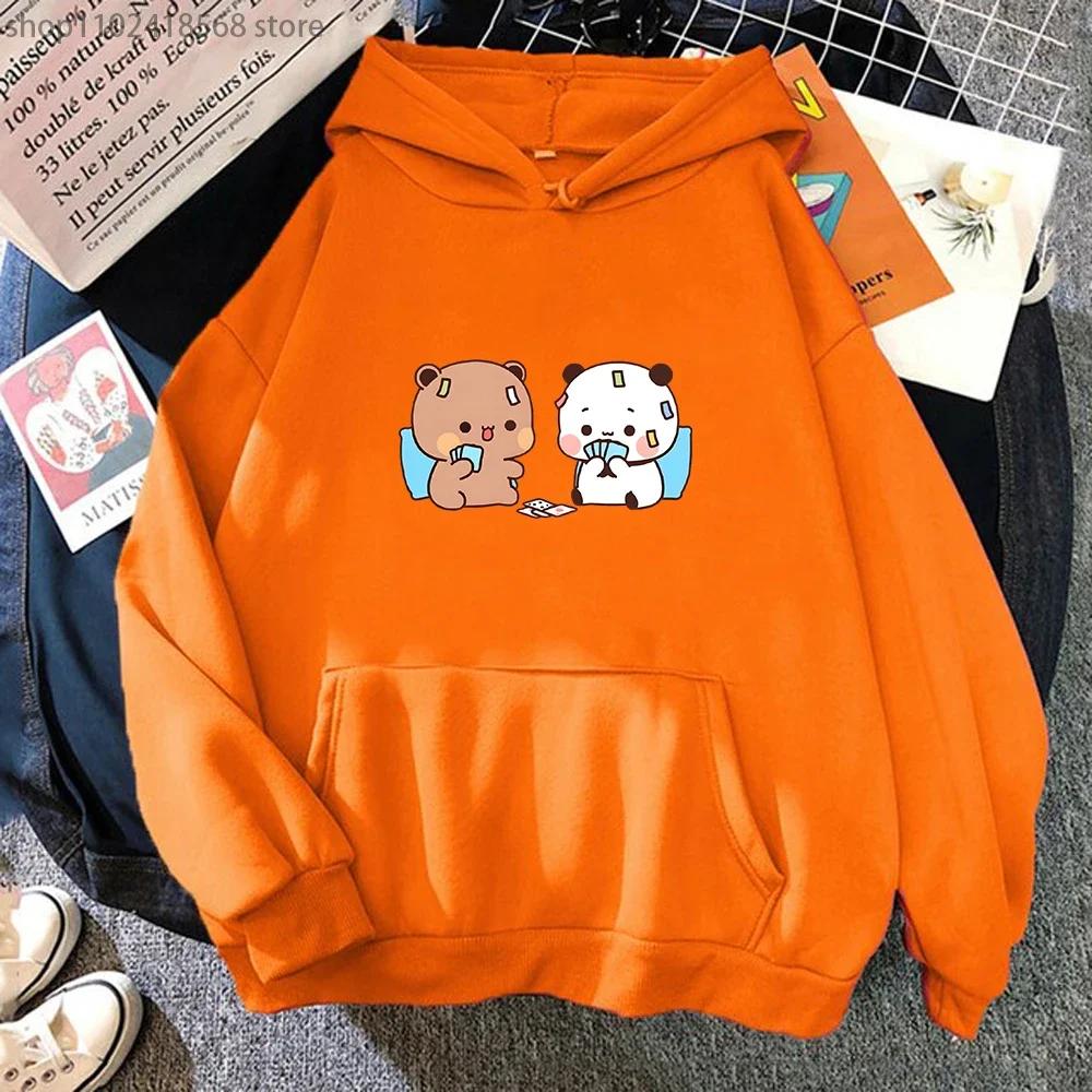 Милые Бубу и Дуду играют в покер с капюшоном и рисунком медведя панды, толстовка с длинным рукавом для женщин, кавайные топы
