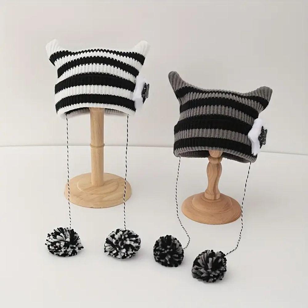 Y2K Slouchy Knitted Beanies Star Woolen Hat Cute Cat's Ears Knitted Hat  Cycling