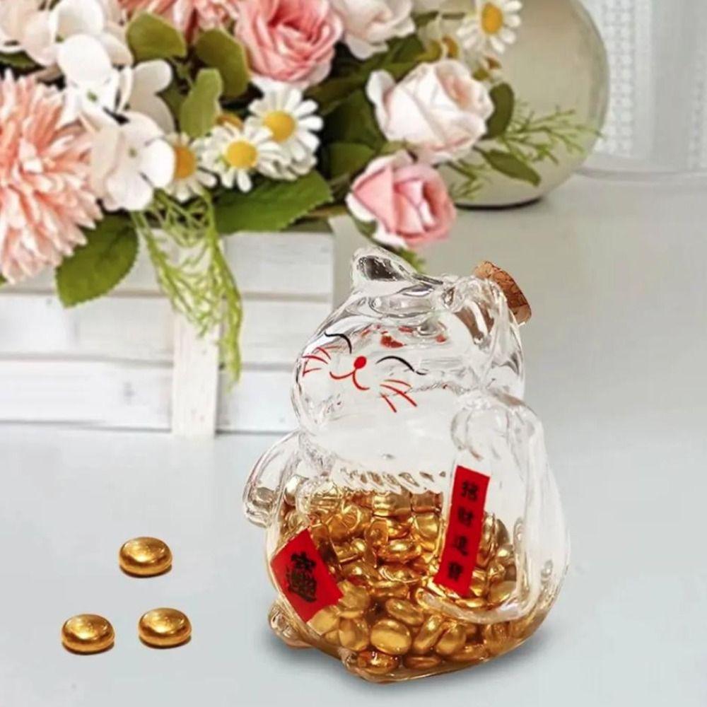 Cute Cat Shape Saving Jar Clear Glass Lucky Cat Lucky Cat Piggy Bank Decorative Gold Bean Container Gift Giving