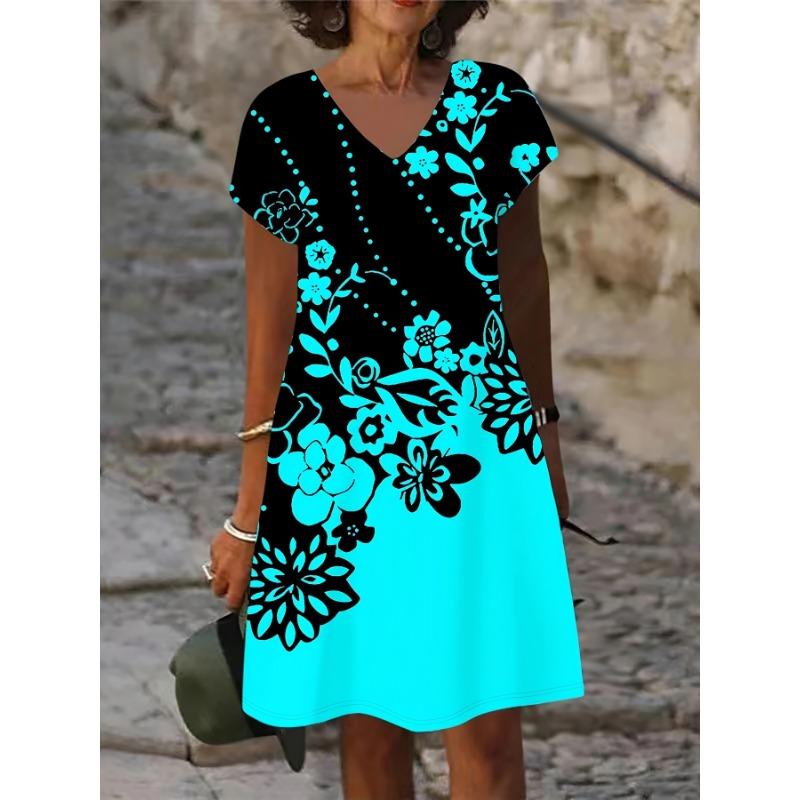 Женское платье с V-образным вырезом и 3D-принтом цветов