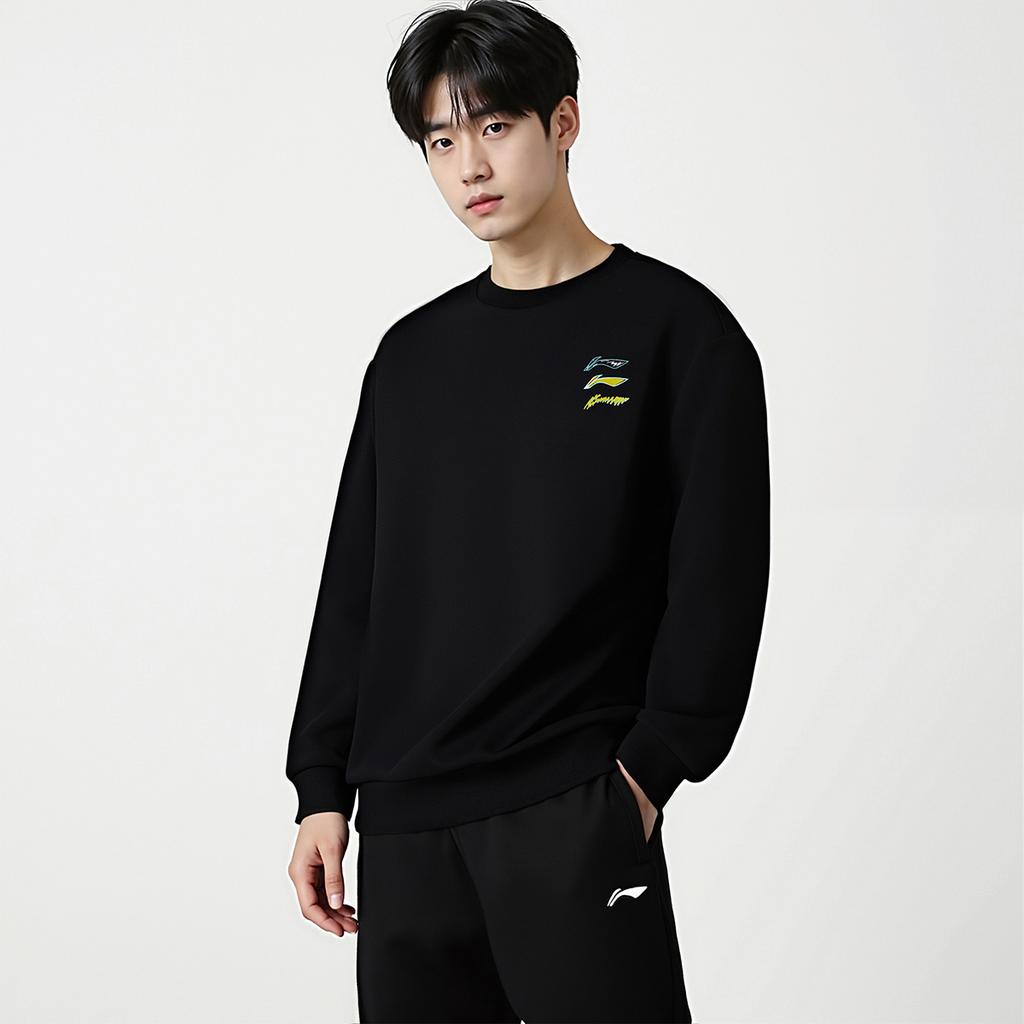 Li Ning Sweatshirts Unisex Black Crew Neck Thickened Regular AWDVH01-1