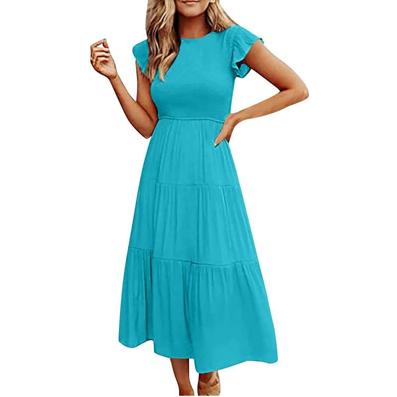 Women's 2026 Summer Casual Flutter Short Sleeve Crew Neck Smocked Elastic Waist Tiered Midi Dress