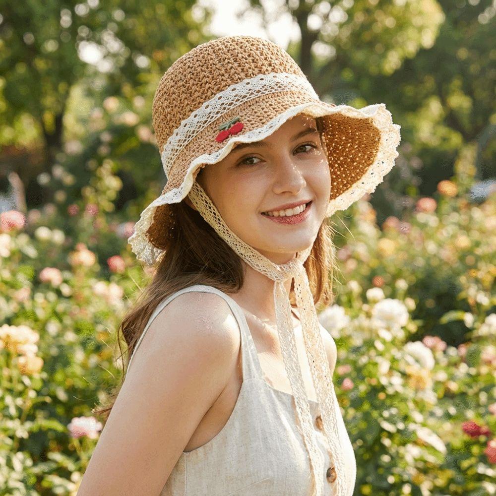 Cherry Embroidered Straw Fisherman Hat Lace Woven Bucket Hat Unique Women Sun Hat Ladies