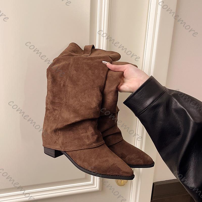 Fashion Comemore Autumn Winter Vintage Woman Knee High Boots Shoes Ladies Elegant Slip On Suede Solid Thick Heeled Long Bota Feminina