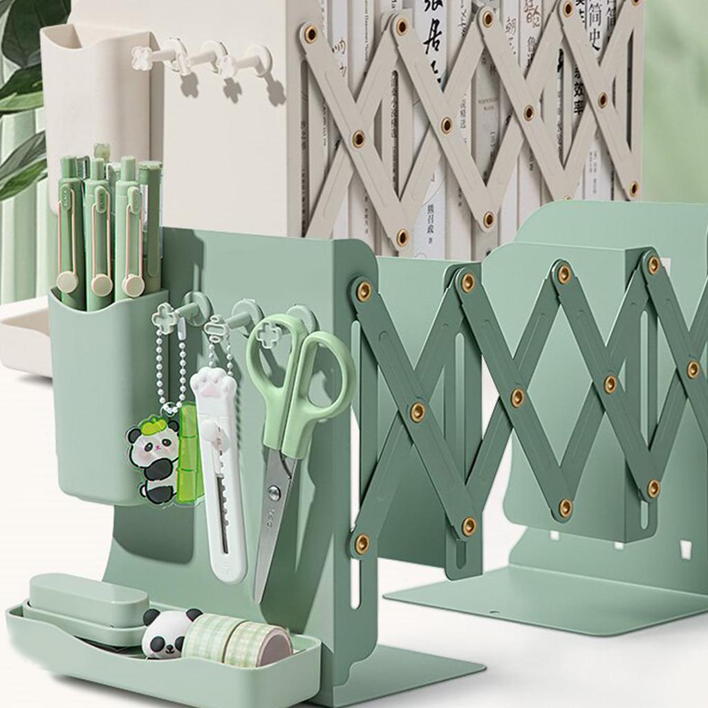 Expandable Metal Bookends Adjustable Bookends Book Holder for Shelves Metal Book Ends Magazine Holder with Pen Holder