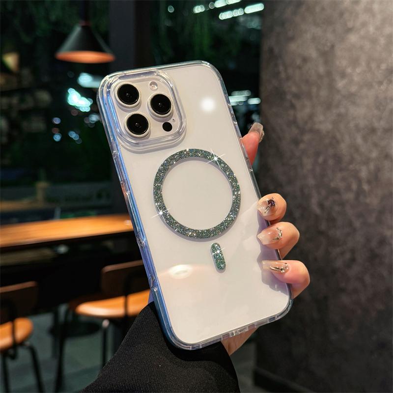 Роскошный блестящий чехол Magsafe для беспроводной зарядки для iPhone 16 15 14 13 12 Pro Max Plus Магнитное покрытие Прозрачная жесткая задняя крышка