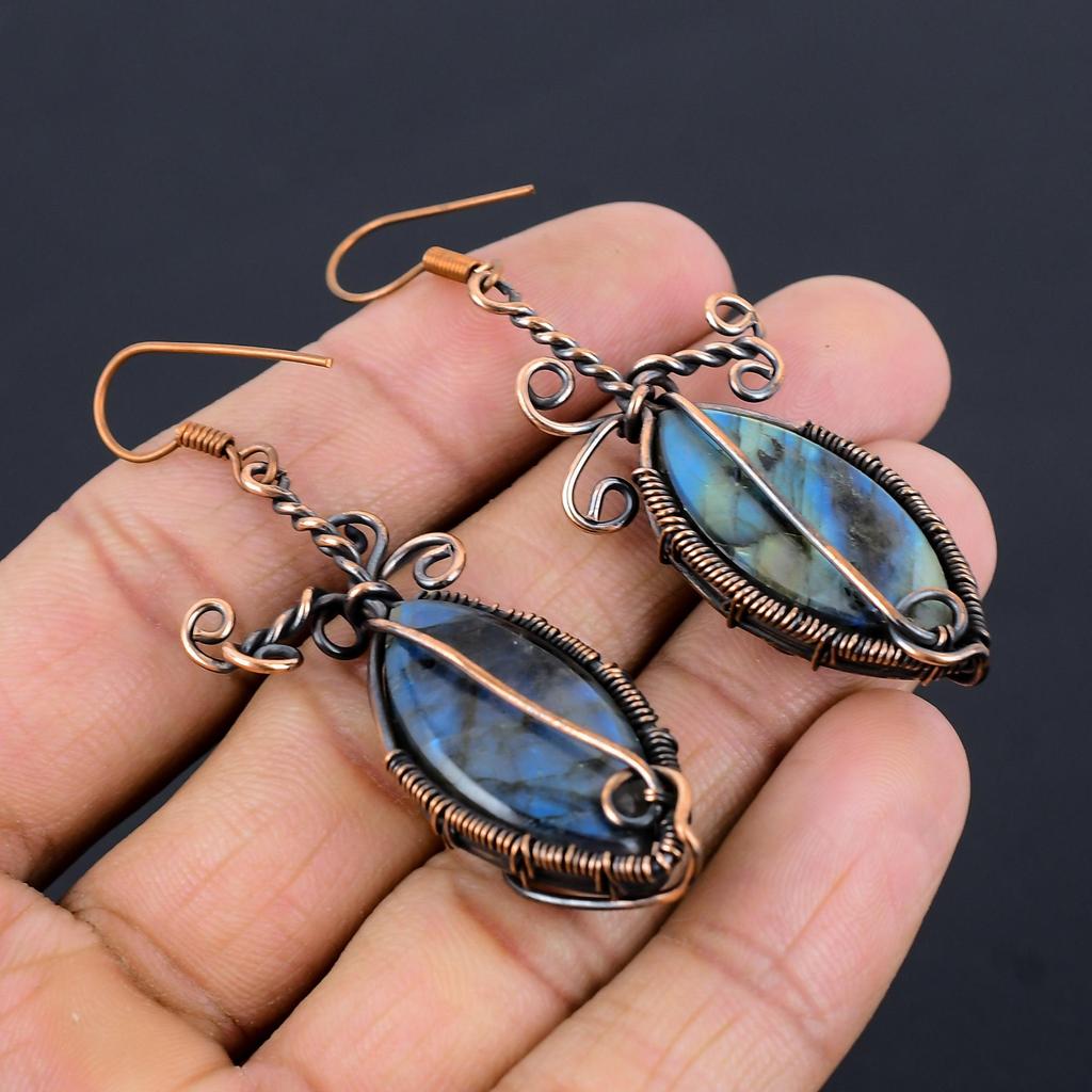 Labradorite 999 Copper Wire Wrapped Earrings, Handmade Gemstone Earrings Jewelry, Gifts For Wife Brand New Earrings