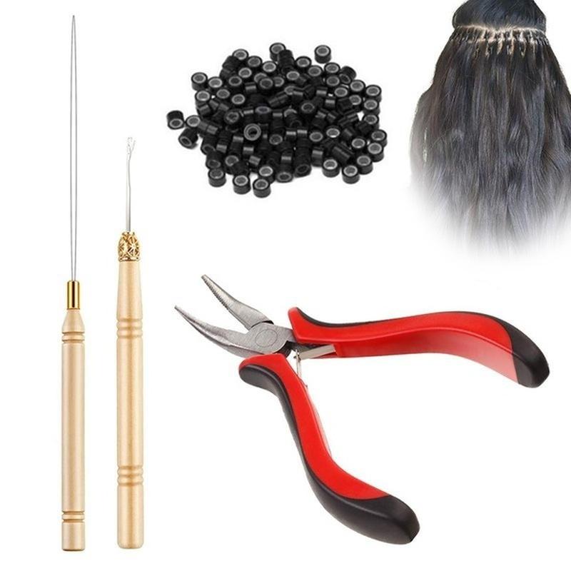 Hair Extension Kit Pliers Pulling Hook Bead Device Tool Kits with 500pcs Silicone Rings LS