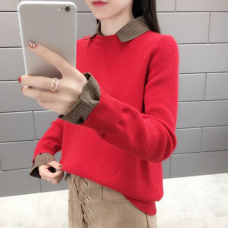 Свитер женский новый осенне-зимний свободный свитер весна корейский студенческий поддельный двухсекционный воротник-рубашка вязаный свитер