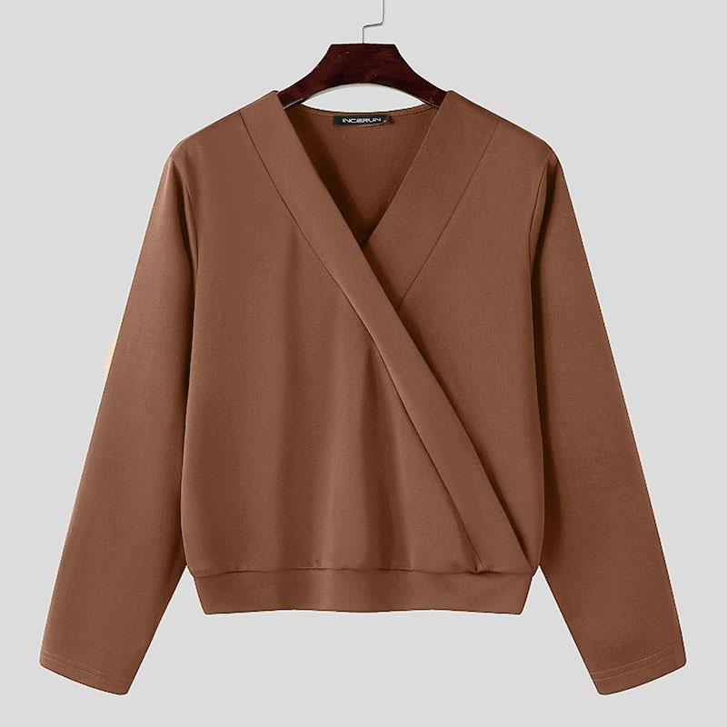 INCERUN Men V Neck Long Sleeve Open Front Tops Casual Slim Waist Pullovers