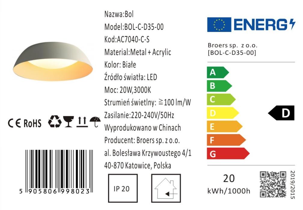 Bol - Ceiling lamp 35cm 20W LED, White