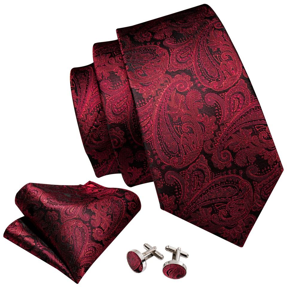 Cool Paisley Tie Hanky Cufflinks Gift Box for Men Red Black Silk Barry.Wang Set