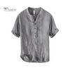 Men Summer Shirt V Neck Stand Collar Short Sleeves Vinatge Solid Color Loose Simple Style Mid Length Pullover Office Daily Wear Top