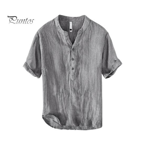 Men Summer Shirt V Neck Stand Collar Short Sleeves Vinatge Solid Color Loose Simple Style Mid Length Pullover Office Daily Wear Top
