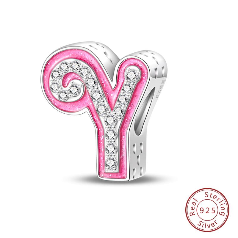925 Silver Romantic Pink 26 Letters DIY Love Charms Beads Fit Qikaola 925 Original Bracelets Fine Birthday Jewelry Gift