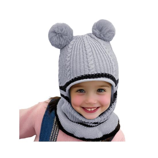 Детская шапка с плюшевыми помпонами, утолщенная вязаная шапка 3-в-1, шапка-шарф-маска, головной убор, эластичная посадка, ветрозащитная шапка