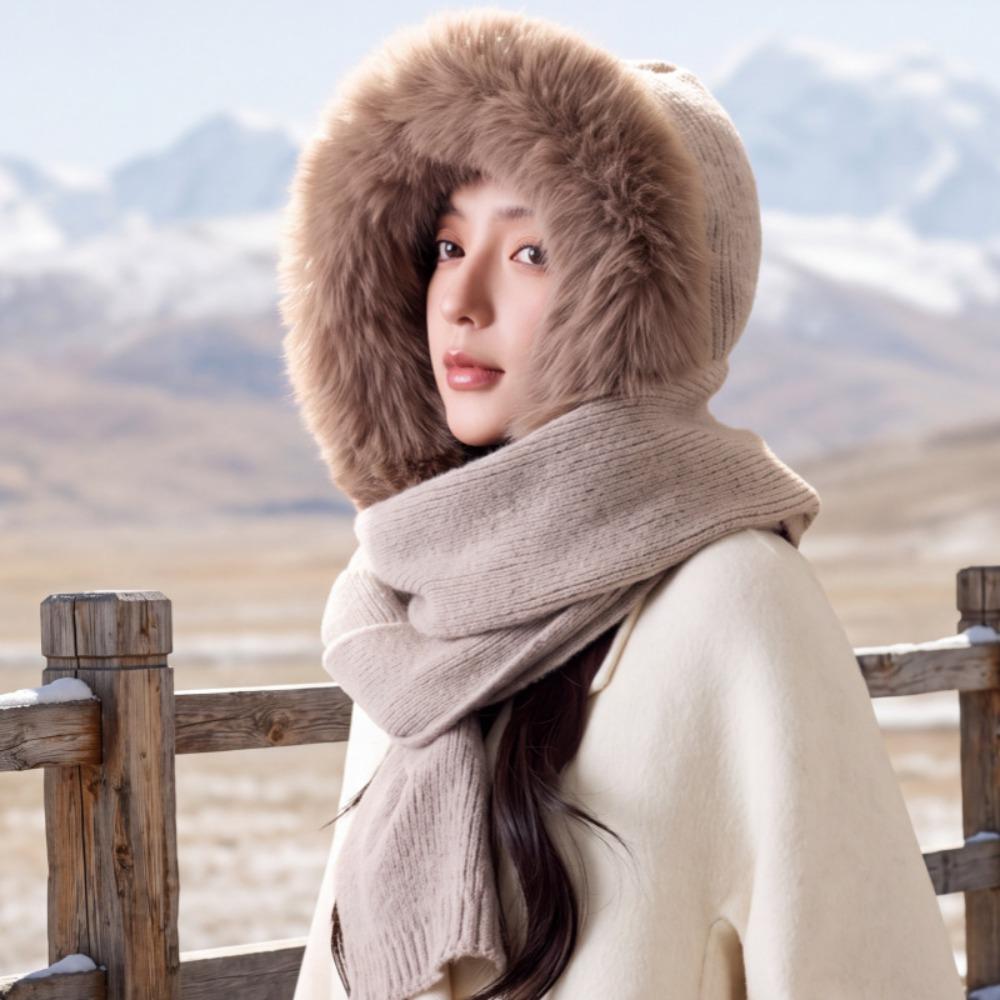 Plush Knitted Balaclava Hat Wool Blend Hat and Scarf 2-in-1 Knitted Hooded Scarf Winter/Autumn