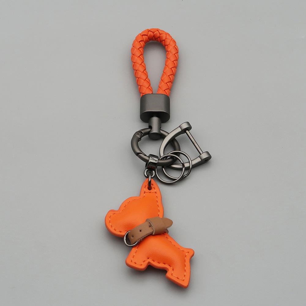 1PC Mini French Bulldog Keychain - Leather & Braided Rope Anti-lost Puppy Pendant, Cute Auto Car Key Accessory