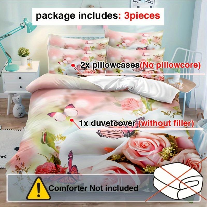 3Pcs Duvet Cover Collection Rose Flower Butterfly Printed Bedding Collection Soft Comfortable Breathable Duvet Cover With Pillowcase