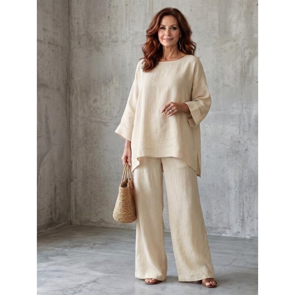 Women's Casual Linen Blend Outfit, Loose Crew Neck Shirt + Wide Leg Pants Set, Minimalist Style for European American Crossbody Fashion